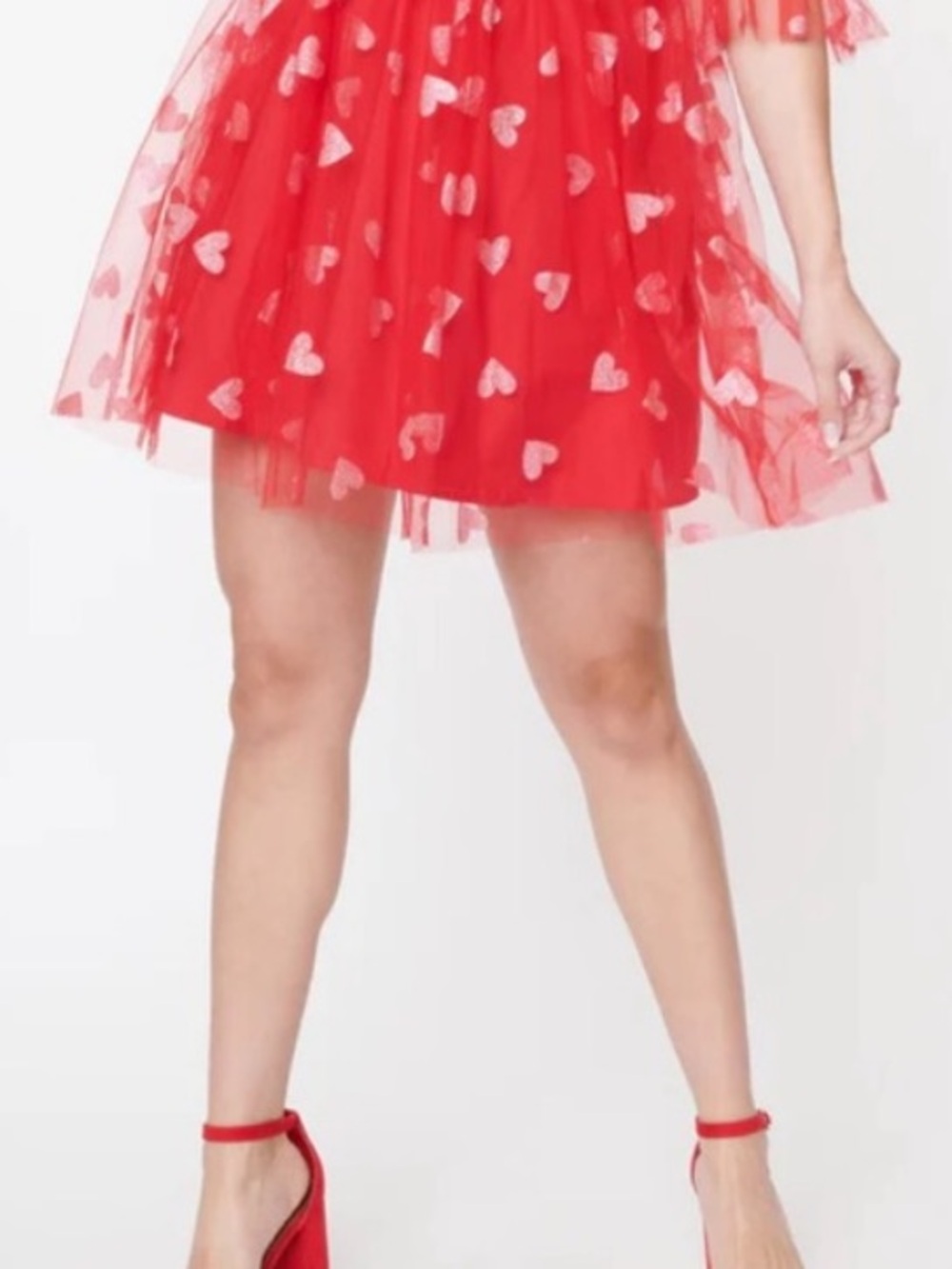 Red Heart-Print Mini Dress - Feminine Puff Sleeve Style - Picture 6 of 12